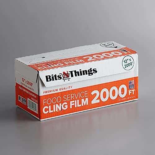 Bits N Things Plastic Food Film Seal Wrap in Cutter Dispenser, Stretch Tight, Food Service Grade, 12" x 2000' Square Feet Roll by MarylandWholesale