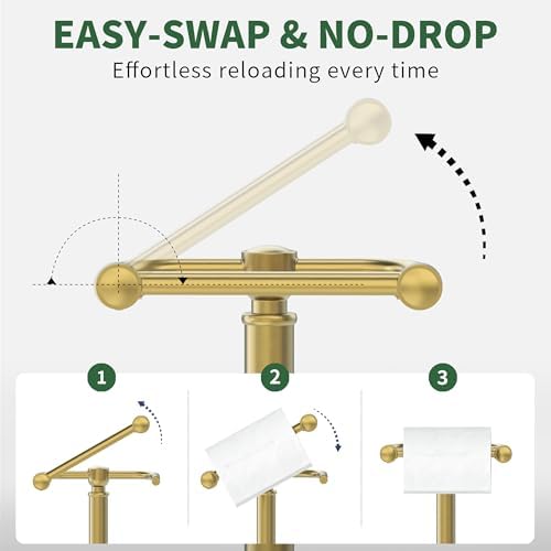 Toilet Paper Holder Stand,Free Standing Toilet Paper Holder,Modern Post Pivoting Toilet Paper Stand with Stable Weighted Base,SUS304 Stainless Steel Tissue Roll Holder Stand for Bathroom,Brushed Gold - Image 3