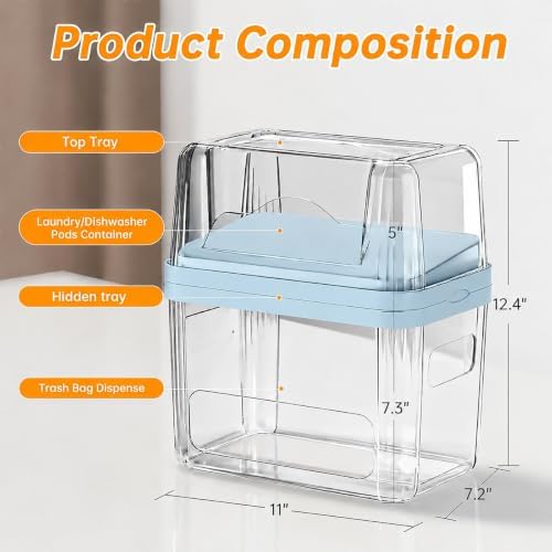 2-in-1 Trash Bag Holder Laundry & Dishwasher Pods Container,Garbage Bag Dispenser with Removable Lids,Kitchen Organizer and Under Sink Storage Box (Blue) - Image 2