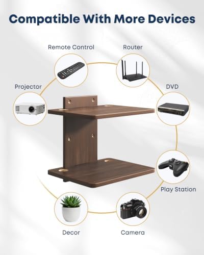 Floating TV Projector Shelf Wall Mount - 2 Tier Wooden Shelf, Walnut Brown - Image 5