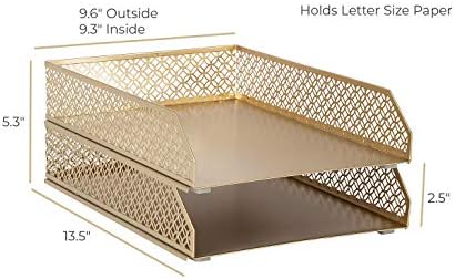 BLU MONACO | Paper Tray Stackable Gold Set of 2 | Stackable File Trays for Desk Organization | Tiered Desk Organizer with Metal Letter Trays - Image 6