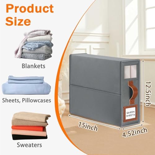 GhvyenntteS 12 Pack Bed Sheet Organizers and Storage, Sturdy Bed Sheet Organizer with Zipper and Handle, Foldable Linen Closet Organizers and Storage with Window and Label, Grey - Image 3