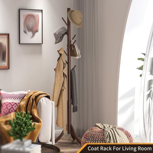 Coat Rack Freestanding, Coat Stands Entryway, Bamboo Coat Rack Hat Hanger 8 Hook for Jacket, Purse, Scarf Rack, Umbrella Tree Stand (Brown) - Image 6