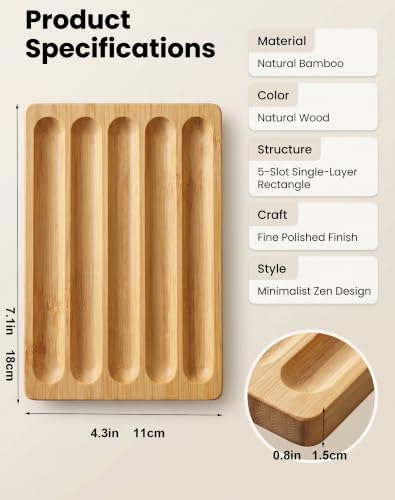 Natural Bamboo 5-Slot Fountain Pen Storage Tray, Anti-Roll Wooden Pen Organizer, Minimalist Zen Desk Pen Holder for Pen Collectors, Office & Study Desktop Stationery Display Tray - Image 6