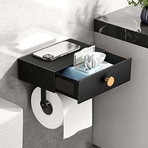VOLDRA Toilet Paper Holder with Shelf Black Wipes Dispenser for Bathroom Stainless Steel Toilet Paper Holder with Storage Drawer Adhesive Wall Mount Small Bathroom Shelf by VOLDRA