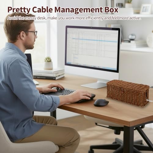 Cable Management Box, Desk Handwoven Rattan Cord Hider Cable Organizer Box With Lid Button Lock, Power Strip Cover Wicker Decorative Basket, Floor Wire Hiding Extension Cord Box (dark brown) - Image 3