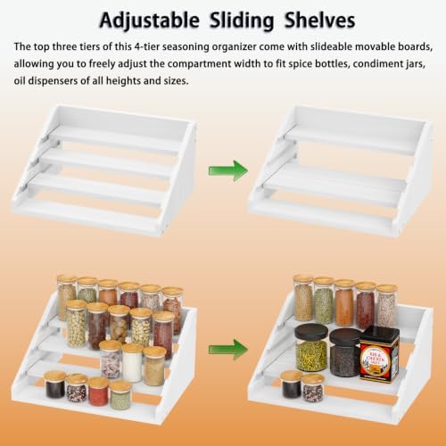 Solid Wood Spice Rack Organizer for Countertop & Cabinet, 4 Tier Adjustable Wooden Spice Shelf with Sliding Track, Premium Step Seasoning Bottle Holder for Kitchen, Cupboard, Pantry & Office, White - Image 5