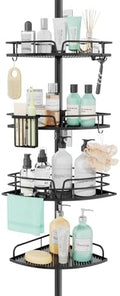 SWTYMIKI Shower Caddy Tension Pole - 4-Tier Corner Shower Organizer Tension Rod, Toothbrush Holder & 4 Hooks, Adjustable Stainless Steel Bathroom Organizer 27.6 to 108.3 inch, Black with Towel Bar by SwtyMiki-TidyHomeSweetLife