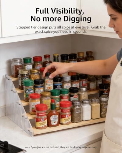Tiered Spice Rack Organizer for Countertop & Cabinet, 5-Tier 19.9in Kitchen Seasoning Storage Shelf, Space Saving Standing Spice Organizer, Wooden & Acrylic, Solid Wood - Image 2