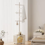 Solid Wood Freestanding Coat Rack with 10 Adjustable Hooks, Storage Basket and Lockable Casters, Organizes Hats, Clothes and Bags for Entryway, Bedroom, Living Room - Image 3