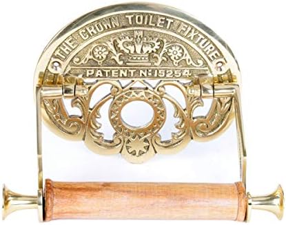 Bright Brass Wall Mount Toilet Paper Holder 7.25" Wide Vintage Crown Style Solid Brass Easy Install Toilet Tissue Paper Holders with Wooden Roll for Bathroom | Renovators Supply Manufacturing by RenovatorsSupplyManufacturing