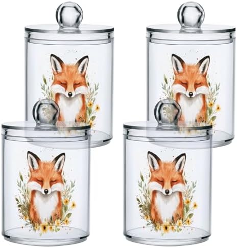 Fustylead 4 Pack Watercolor Cute Fox with Flower Design Plastic Apothecary Jar Set for Cotton Swab, Ball, Pad, Floss, Qtip Holder Dispensers for Bathroom Storage Organizer by Fustylead