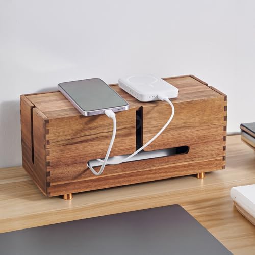 SARUFO Acacia Wood Cable Management Box - Wooden Cord Hider with 4 Metal Feet​, Organizer for Desk & Floor, Power Strip TV Wire Concealer, Under Desk Storage for Office, Home Electrical Cables by SARUFO