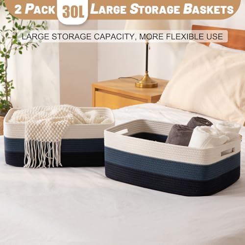 OIASKET Large Storage Basket for Organizing, Woven Rope Basket for Shelves, Closet Organizer Bins for Clothes, Blanket, Toys, Baby Nursery Storage, 17.7" x 13" x 7.87", 2 Packs Gradient Blue - Image 5