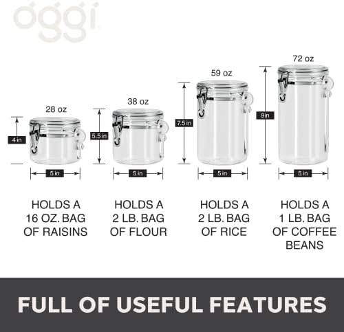 Oggi 4pc Clear Canister Set with Clamp Lids Airtight Containers in Sizes Ideal for Kitchen & Pantry Storage of Bulk, Dry Foods Including Flour, Sugar, Coffee, Rice, Tea, Spices & Herbs (Pack of 3) - Image 6