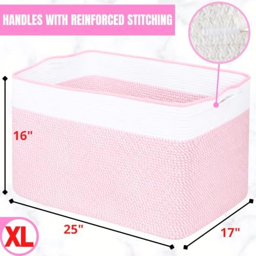 MINTWOOD Design 112L Extra Large Blanket Basket Holder Living Room, 25"x17"x16" Rectangle Rope Woven Storage Basket with Handles for Laundry, Towels, Shoes, Dog Toy Organizer Bin Box, Light Pink - Image 3