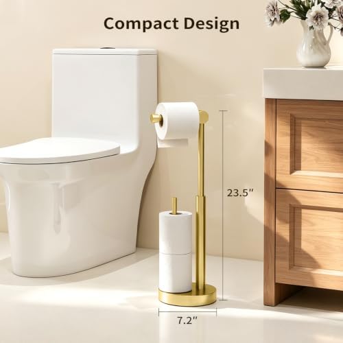 YUMORE Toilet Paper Holder Stand with Storage & Weighted Base, Brushed Gold - Image 2