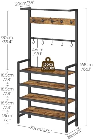 YATINEY Hall Tree, Coat and Shoe Rack, Entryway Coat Rack with 4-Tier Wooden Shoe Rack and 10 Hooks, Freestanding Hall Tree with Shoe Storage for Entryway, Hallway, Rustic Brown and Black MT09BR - Image 3