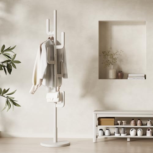 Muwuele Solid Wood Cactus Coat Rack, Freestanding Coat Rack With 6 L-Shaped Hooks and 3 Adjustable Sizes, Coat Tree for Bedroom, Entryway, Livingroom, Coat Hanger Stand for Coats, Handbags (White) by Muwuele