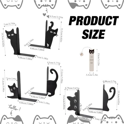 6pcs Cat Metal Bookends for Shelves Cute Decorative Book Ends with Bookmark - Image 2