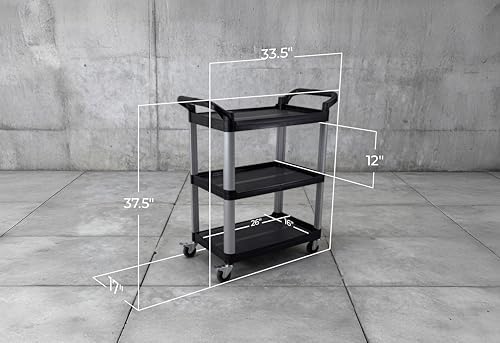 Commercial Heavy-Duty Utility Service Cart | 3 Shelf | | 450 Lbs Max Capacity | Rolling Utility Cart W 33" x H 37" x D 16" Black - Image 3