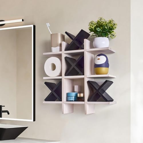 DAOYOUSKY Tic Tac Toe Toilet Paper Holder Stand with 4pcs Wooden X, Farmhouse Rustic Wall Mounted Funny Toilet Papers Storage Organizer with Shelf, Guest Bathroom Decor, White and Black - Image 4