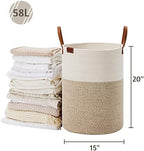 VIPOSCO Tall Laundry Basket, Large Dirty Clothes Hamper with Leather Handle, Woven Rope Storage Basket for Blanket, Toy In Living Room, Bathroom, Bedroom - 58L White & Brown - Image 5