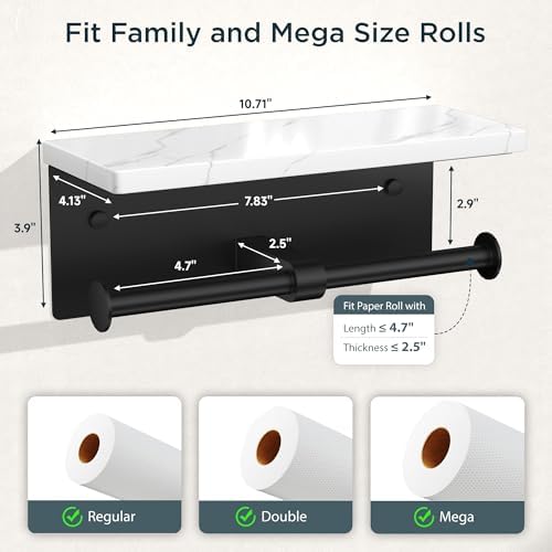 FORIOUS Double Marble Toilet Paper Holder with Phone Shelf, Mattle Black - Image 7