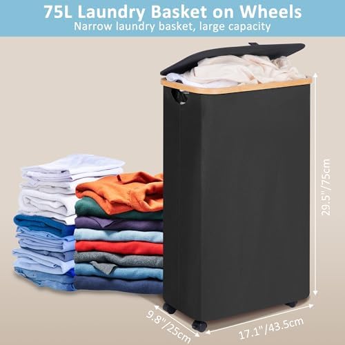 efluky Slim Laundry Basket with Wheels, Narrow Rolling Laundry Hamper with Lid and Removable Bag, Aesthetic Dirty Clothes Hamper on Wheels for Laundry Room, Bedroom, Dorm and Bathroom, 75L Dark Black - Image 6
