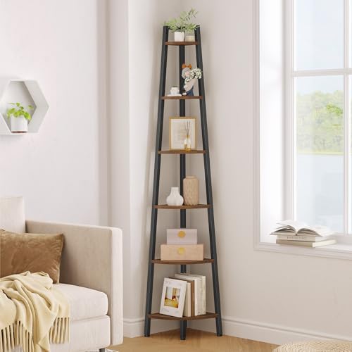 Hoctieon Corner Shelf, 6-Tier Corner Bookshelf, Rustic Ladder Shelf, Industrial Display Stand for Living Room, Kitchen, Home Office, Balcony, Small Space, Metal Frame, Rustic Brown by Hoctieon