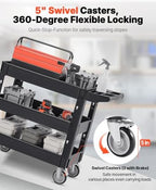 VEVOR Utility Cart, 3-Tier Plastic Service Cart with 550LBS Capacity, 360° Swivel Casters (Including 2 Locking Wheels), Medium Lipped Shelves, Ergonomic Handle, for Garage, Warehouse, Cleaning Tasks - Image 3