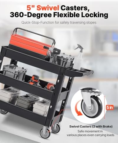 VEVOR Utility Cart, 3-Tier Plastic Service Cart with 550LBS Capacity, 360° Swivel Casters (Including 2 Locking Wheels), Medium Lipped Shelves, Ergonomic Handle, for Garage, Warehouse, Cleaning Tasks - Image 3