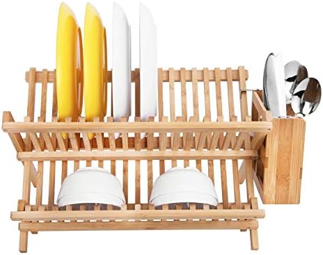 Lawei Bamboo Dish Drying Rack with Utensil Holder - Collapsible Dish Drainer Foldable Dish Rack Bamboo Plate Rack for Plates, Cups, Mugs, Utensil, Flatwares - Image 6