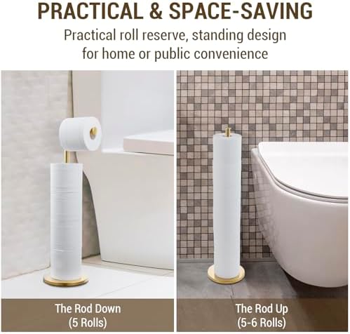 MyGift Modern Brass Tone Metallic Plated Floor Standing Toilet Paper Holder Stand with Roll Reserve Storage Holder, Elegant Freestanding Bathroom Toilet Tissue Dispenser - Image 3