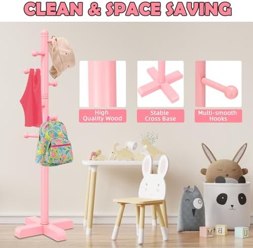 8-Hook Freestanding Wooden Coat Rack 2 Adjustable Heights Pink - Image 4