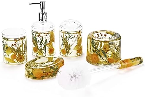 Locco Decor 5 Pieces Acrylic Liquid 4D Floating Motion Bathroom Vanity Accessory Set Garden Botanic Spring Plants Toothbrush Holder, Tumbler, Soap Dispenser, Soap Dish, Toiletbrush Holder Set - Image 2
