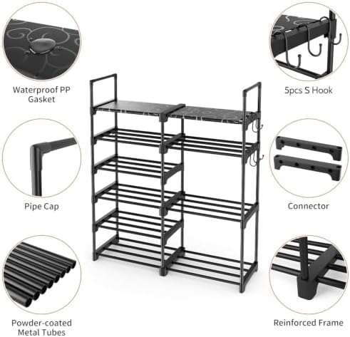 ROJASOP Shoe Rack Organizer, 6-Tier Metal Shoe Rack for Closet Entryway Garage, 20-24 Pairs Tall Shoe Boot Storage Shelf with Hooks, Stackable Large Shoe Stand, Black - Image 4
