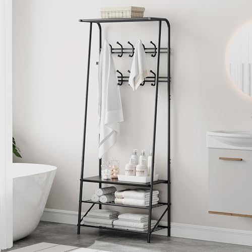 OUTLANE Entryway Hall Tree with 10 Hooks, Shoe Bench & Storage Shelf, Coat Rack Organizer with Wood Accents and Metal Frame for Entryway, Living Room, Bedroom, Black-Double row - Image 3