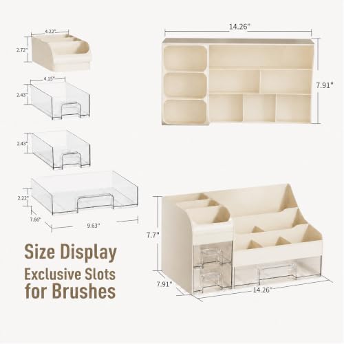 Extra Large Makeup Organizer for Vanity, 3 Drawers and Brush Holder, Countertop Cosmetic Storage for Skincare and Perfume, Thick ABS Bathroom Counter Organizer,Cream Clear - Image 3