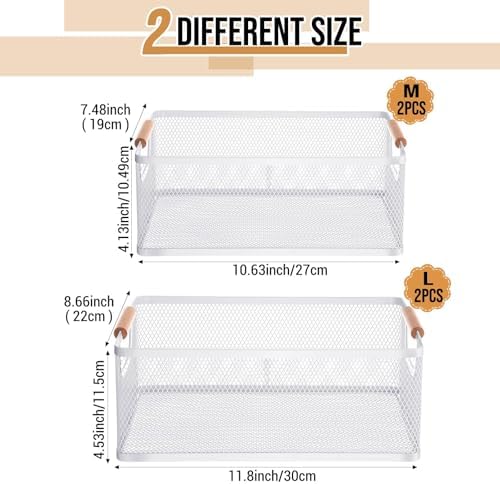 Rtteri 4 Pack White Metal Wire Basket with Wood Handle 2 Size Large Metal Mesh Basket Stackable Wire Storage Bin for Pantry Food Snacks Storage Kitchen Organizing - Image 2