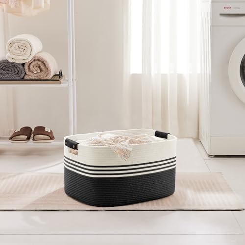 45L Small Woven Laundry Basket Hamper with Leather Handles,Black - Image 3