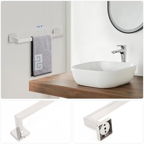 NearMoon 5 Pieces Bathroom Hardware Set 304 Stainless Steel, Square Towel Rack Kit - 16" Towel Rod + Towel Ring + Toilet Paper Holder + 2 Robe Hooks, Wall Mounted Bath Accessories (Chrome Finish) - Image 4