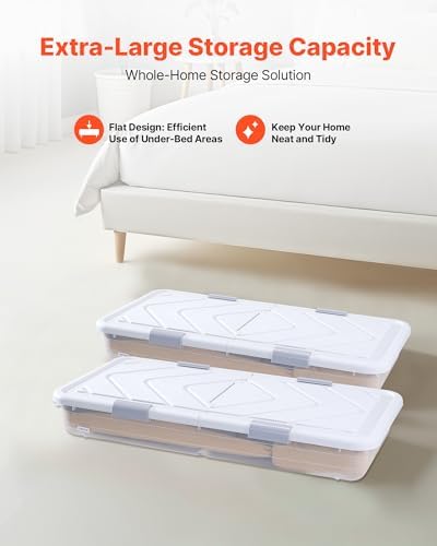 VEVOR Under Bed Storage with Wheels, 39.8 x 20.1 x 5.9 inch Underbed Containers, Underbed Shoes Organizer with Lid & Gray Latch, Rolling Under the Bed Storage Bins for Clothes Shoes Blankets, 2 Pack - Image 2