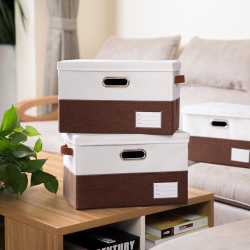 PRANDOM Foldable Storage Bins with Lids [3-Pack] Fabric Collapsible Storage Boxes Baskets Cubes Containers with Handles for Closet Living Room Bedroom (Brown & White 14.9x9.8x9.8'') - Image 2