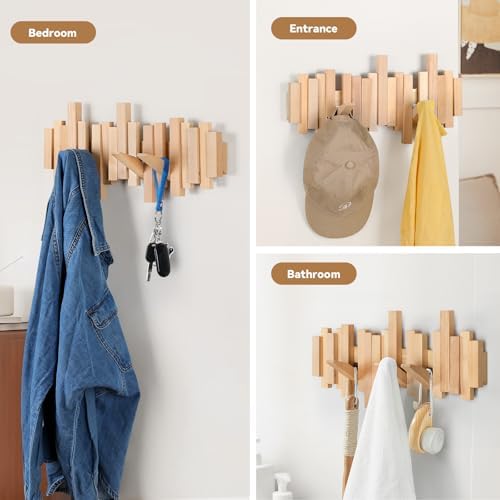Ufine Wood Wall Mounted Coat Rack with 6 Flip-Down Hooks - Image 3