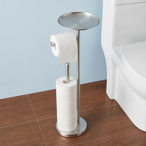 Toilet Paper Holder with Shelf, Toilet Paper Stand for Holding Extra 4 Toile Paper Rolls, Freestanding Toilet Paper Roll Storage, Heavy Base No Tipping Over (Stainless Steel, Brushed Nickel) by Noonext+