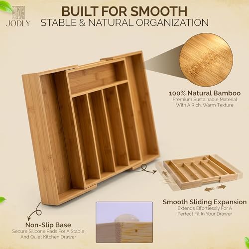Bamboo Kitchen Utensil Drawer Organizer for Silverware | 100% Natural Expandable 14-20 Inch Kitchen Drawer Organizers for Utensils | Non-Slip Base | Screwed Joints for Long-Lasting Durability - Image 2