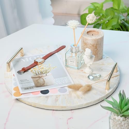 PEMAR Mother of Pearl Decorative Tray, 13" Round with Gold Metal Handles, Vanity/Perfume/Trinket Tray, Catchall for Dresser, Bathroom, Vanity Table (White Sunlight) - Image 6