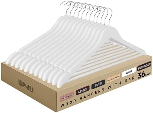 Wooden Clothes Hangers with Pants Bars, White, 36-Pack by BP4U%E2%84%A2