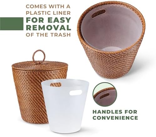 84ECO 3 Gallon Rattan Trash Can with Lid and Liner - Wicker Trash Can for Bathroom, Bedroom, Kitchen, Living Room - Image 2